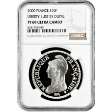 Франция 10 франков 2000 г., NGC PF69 UC, "Свобода /Огюстен Дюпре/"