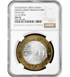 Mexico 100 pesos 2006, NGC MS63, "Federation 180th Anniv. - Hidalgo"