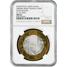 Мексика 100 песо 2006 г., NGC MS64, "180 лет Федерации - Гуанахуато"