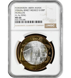 Mexico 100 pesos 2006, NGC MS66, "180th An. of Federation - Morelos" Top Pop 3/0