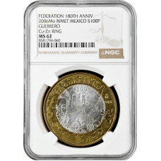 Мексика 100 песо 2006 г., NGC MS62, "180 лет Федерации - Герреро"