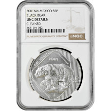 Мексика 5 песо 2001 г. Mo, NGC UNC Det., "Вымирающие виды - Чёрный медведь"