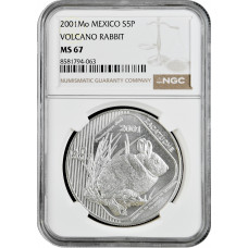 Мексика 5 песо 2001 г. Mo, NGC MS67, "Вымирающие виды - Бесхвостый кролик"