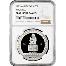 Мексика 100 песо 1992 г., NGC PF69 UC, "Ацтеки - Xochipilli"