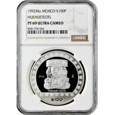 Мексика 100 песо 1992 г., NGC PF69 UC, "Ацтеки - Уэуэтеотль /Huehueteotl/"