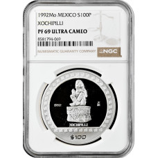 Мексика 100 песо 1992 г., NGC PF69 UC, "Ацтеки - Xochipilli"