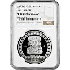 Мексика 100 песо 1992 г., NGC PF69 UC, "Ацтеки - Уэуэтеотль /Huehueteotl/"