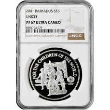 Barbados 5 dollars 2001, NGC PF67 UC, "UNICEF - For the Children of the World"