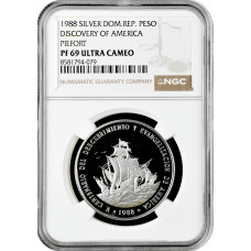Dominican Republic 1 peso 1988, NGC PF69 UC PIEFORT, "Discovery of America" Top Pop