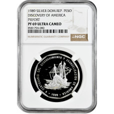 Dominican Republic 1 peso 1989, NGC PF69 UC PIEFORT, "Sailship Landing"TopPop1/0