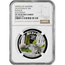 Cook Islands 2 Dollar 2014, NGC PF70 UC, "Welt der Jagd - Dachs" Top Pop