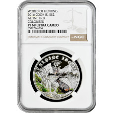 Cook Islands 2 Dollar 2016, NGC PF69 UC, "Welt der Jagd - Alpensteinbock" Silber