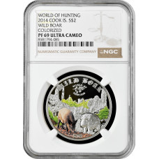 Cook Islands 2 Dollar 2014, NGC PF69 UC, "Welt der Jagd - Wildschwein" Silber