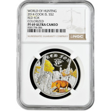 Cook Islands 2 Dollar 2014, NGC PF69 UC, "Welt der Jagd - Rotfuchs" Silbermünze