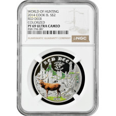 Cook Islands 2 Dollar 2014, NGC PF69 UC, "Welt der Jagd - Rothirsch" Silbermünze