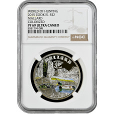 Cook Islands 2 Dollar 2015, NGC PF69 UC, "Welt der Jagd - Stockente" Silbermünze