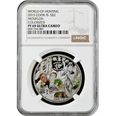 Cook Islands 2 Dollar 2015, NGC PF69 UC, "Welt der Jagd - Mufflon" Silbermünze