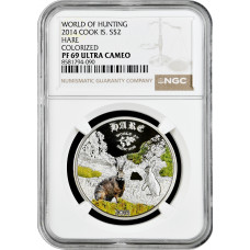 Cook Islands 2 Dollar 2014, NGC PF69 UC, "Welt der Jagd - Hase" Silbermünze