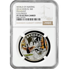 Cook Islands 2 Dollar 2014, NGC PF70 UC, "Welt der Jagd - Fasan" Top Pop