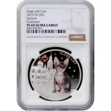 Fidschi (Fiji) 2 Dollar 2013, NGC PF69 UC, "Hunde und Katzen - Sphynx"