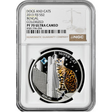 Fidschi (Fiji) 2 Dollar PF70, NGC PF69 UC, "Hunde und Katzen - Bengal"