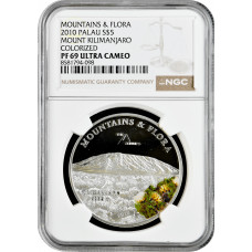 Palau 5 dollars 2010, NGC PF69 UC, "Mountains and Flora - Kilimanjaro" silver