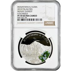 Palau 5 dollars 2010, NGC PF70 UC, "Mountains and Flora - Mount Everest" Top Pop