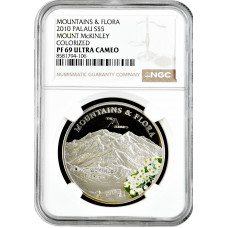 Palau 5 dollars 2010, NGC PF69 UC, "Mountains and Flora - Mount McKinley" silver