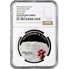 Palau 5 dollars 2010, NGC PF69 UC, "Mountains and Flora - Ayers Rock" silver