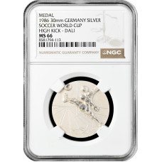 Deutschland Silbermedaille 1986, NGC MS66, "Fußball-Weltmeisterschaft High Kick"