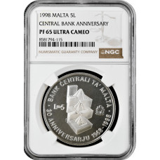 Malta 5 liri 1998, NGC PF65 UC, "30th Anniv. - Central Bank of Malta" Pop 1/1