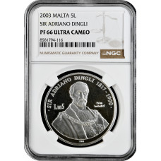 Malta 5 liri 2003, NGC PF66 UC, "Sir Adriano Dingli" silver coin Pop 1/2