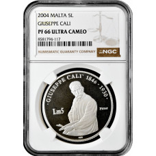 Malta 5 liri 2004, NGC PF66 UC, "Giuseppe Cali (1846-1930)" silver coin Pop 1/2