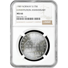 Норвегия 175 крон 1989 г., NGC MS66, "175 лет Конституции"
