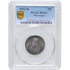 Nicaragua 25 centavos 1912 H, PCGS MS62, "Cordoba (1912 - 1990)" silver coin