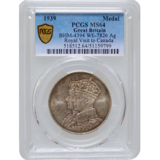 Великобритания Медаль 1939 г., PCGS MS64, "Королевский визит в Канаду" BHM-4394 WE-7826