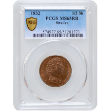 Schweden 1/2 Skilling 1832, PCGS MS65 RB, "Karl XIV Johann (1818-1844)"TopPop1/0