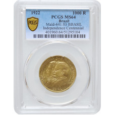 Brasilien 1000 Reis 1922, PCGS MS64, "Unabhängigkeit" KM#522.2 (error "BBASIL")