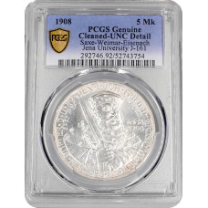 Саксен-Веймар-Эйзенах 5 марок 1908 г., PCGS UNC Det., "350 лет Йенскому университету"
