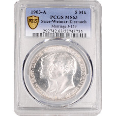 Саксен-Веймар-Эйзенах 5 марок 1903 г., PCGS MS63, "Свадьба Вильгельма и Каролины"