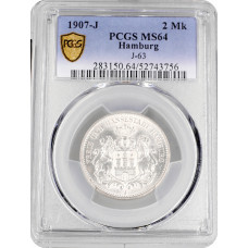Гамбург 2 марки 1907 г. J, PCGS MS64, "Вольный город Гамбург (1871 - 1918)"