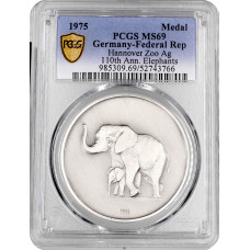 Deutschland Silbermedaille 1975, PCGS MS69, "110 Jahre Zoo Hanover - Elefant"