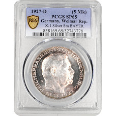 Веймарская Республика Медаль Карла Гетца 1927 г. D, PCGS SP65, "80 лет Гинденбургу"