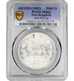 Persia 5000 Dinar AH 1320 (1902), PCGS MS63, "Mozaffar ad-Din Shah Qajar (1896 - 1907)"