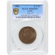 Chile 2.5 Centavos 1886 So, PCGS MS62 BN, "Republik Chile (1851 - 1898)"