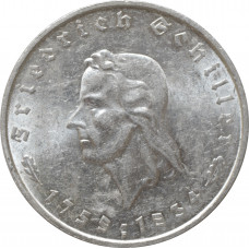 Germany - Third Reich 5 reichsmark 1934 F, AU-UNC, "Friedrich Schiller" silver