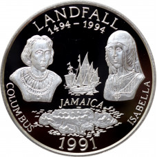 Jamaica 25 dollars 1991 CHI, PROOF, "500th Aniversary - Discovery of New World"