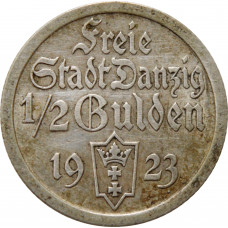 Danzig 1/2 Gulden 1923, AU, "Freie Stadt Danzig (1920 - 1939)" Silbermünze