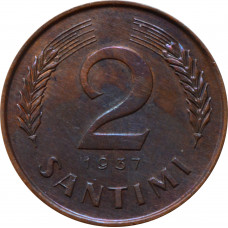 Latvia 2 santimi 1937, UNC, "First Republic (1922 - 1940)"