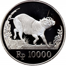 Indonesia 10000 rupiah 1987, PROOF, "Wildlife - Wild Boad" silver coin
